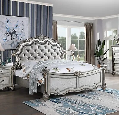 Modern Silver Queen Bed Luxury Bedroom Furniture 1pc Button Tufted Carving Wood • $1425