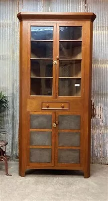 Primitive Glass Front Corner Cabinet Display Case Kitchen Pantry Cupboard • $1495