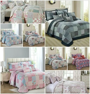 £32.94 • Buy 3Pcs Printed Patchwork Quilted Bedspread With Pillow Shams Bedding Set All Size