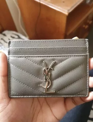 Authentic YSL Saint Laurent Cardholder Grey Leather Silver Hardware  • $240