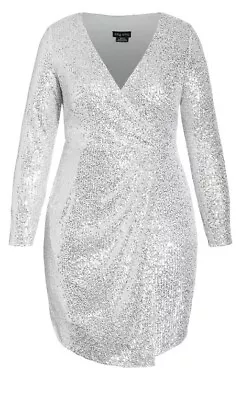 City Chic Razzle Faux Wrap Long Sleeve Sequin Dress Silver Size XXL 24 • $33