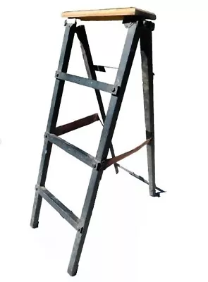 Vtg Mid Century Industrial Step Ladder 43  Iron Bars Leather Wood Plant Stand VG • $106.25