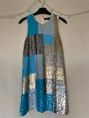 £6.99 • Buy French Connection Blue And Silver Sequin 60s Shift Dress