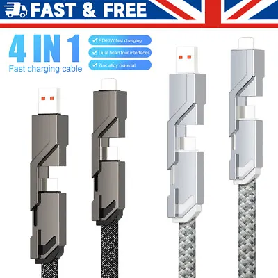 4IN1 Flat Braided Anti-tangle Charger Cable For IPhone Samsung Type C USB Lead • £6.12