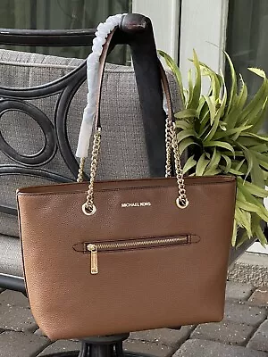 Michael Kors Jet Set Medium Front Zip Chain Tote Bag Purse Brown Luggage Leather • $134.99