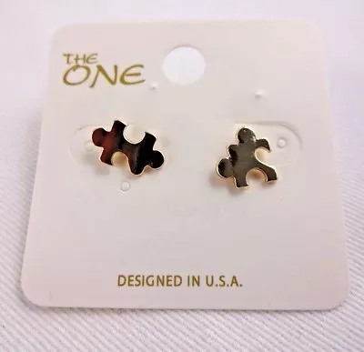 Puzzle Piece Earrings Matte Gold Tone Metal Small Studs Autism Awareness • $12.99