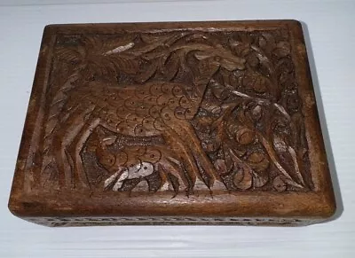 Vintage Small Wooden Box Jewelry Trinket Hand Carved Wood Momma Deer India 8  • $24