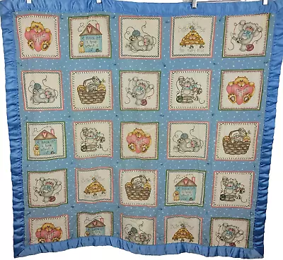 Vintage Baby Nursery Bedding Blanket Unisex Kitten Multicolor Blue Satin Trim • $17.99