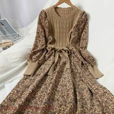 Vintage Women Corduroy Floral Dresses Knitted Patchwork Long A-line Dress New • $46.88
