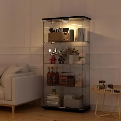 Glass Display Cabinet W/LED Push Light 4 Shelves 2 Doors Storage Case For Curio • $269.59