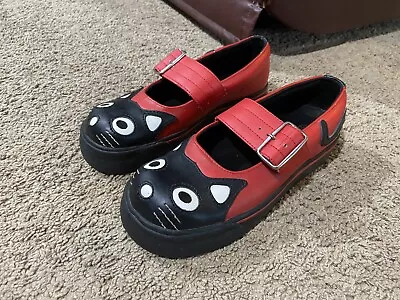 T.U.K. Mary Jane Buckle Flats Kitty Cat Face Black Red Shoes Women’s US Size 7 • $79.88