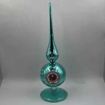 Antique 11  Aqua Blue Hand Blown Mercury Glass With Indent Tree Topper • $55.90