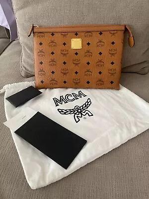 New Mcm Visetos Cognac Heritage Medium Zip Clutch Pouch • $350