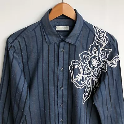Poggianti 1958 Embroidered Floral Stripe Shirt Men's Medium Blue-Grey Slim Fit • £16