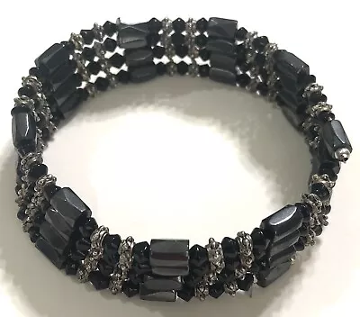 Magnetic Hematite Faceted Glass & Metal Beaded Wrap Around Bracelet 35” Long EUC • $8.48