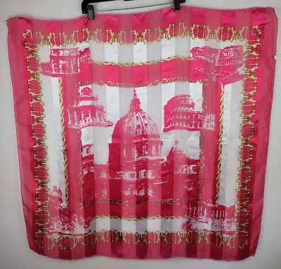 Vintage Satin Chiffon Scarf Wrap Raffaello Roma Architecture Pink 36X36  • $12.59