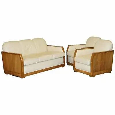 £10000 • Buy Art Deco Harry & Lou Epstein Walnut & Cream Leather Suite Sofa & Armchairs Pair