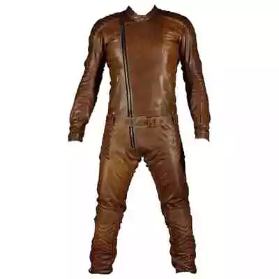 Men Genuine Soft Leather Jumpsuit Catsuit Brown Vintage Biker Racer Suit • $155