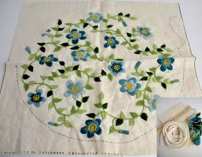Stitched Crewel Embroidery Bluettes Floral Vintage 14  Pillow Prework • $34.99