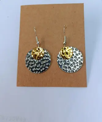 Hammered Silver & Gold Colour Round Disc Pendant Coin Charm Dangle Drop Earrings • £3.35