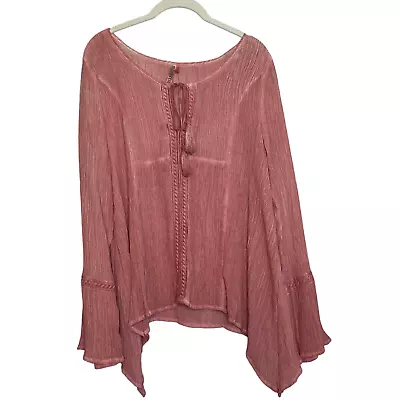 Monoreno Womens Peasant Blouse Medium Coral Crinkle Fabric Long Sleeve Tassels • $18.98