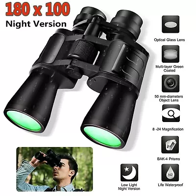 Day/Night 180x100 Military Zoom Powerful Binoculars Optics Hunting Camping+Case • £16.99