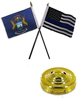 Michigan State & USA Police Blue 4 X6  Flag Desk Set Table Stick Gold Base • $7.88