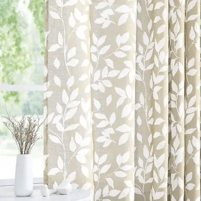 Print Semi Sheer Leaf Curtains For Living Room 52  X 54  White And Taupe Curtain • £33.77