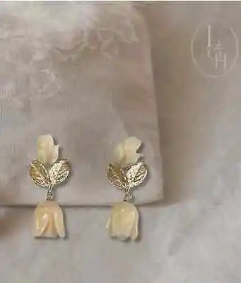 Vintage Fine Jewelry 1950 Carved Angel Skin Coral Earrings W/Gold Leaf 14kt YG • $400