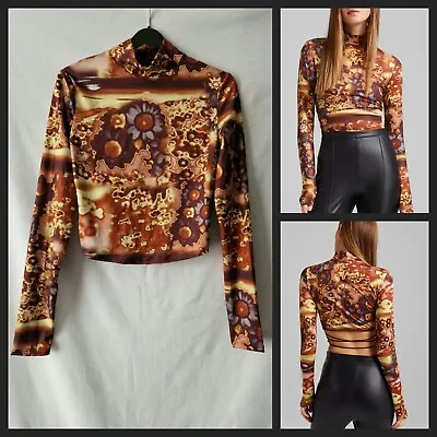 $28.52 • Buy Bershka Brown High Neck Long Sleeve Top Size M Cropped Jersey Stretch Floral 