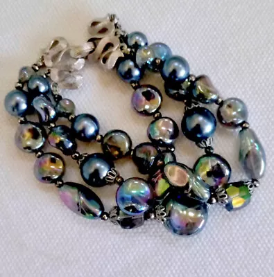 VTG Trifari Peacock Blue Iridescent Triple Strand Bracelet Silver Toned Clasp • $45