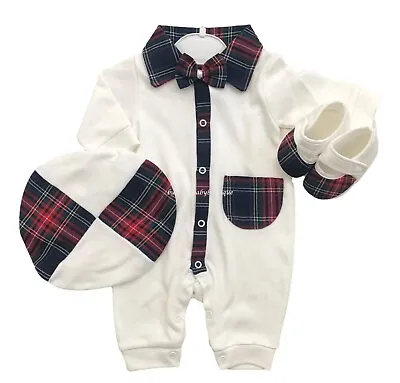 Baby Boys Spanish Style Ivory/Tartan 3 Piece Outfit 0-9M Outfit *Small Fit* • £16.99