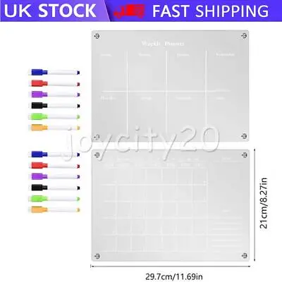 2X Acrylic Clear Magnetic Refrigerator Calendar Weekly/Monthly Dry Erase Board • £14.69