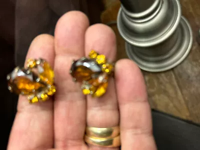 Vintage Amber & Citrine Rhinestone Clip Earrings • $14.99