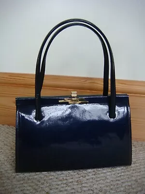 Vintage Ackery London Blue Patent Leather Lined Handbag + Mirror • £28