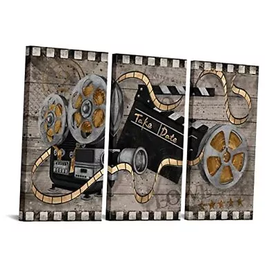  Movie Theater Wall Decor Rustic 3 Pieces Movie Projector Film Clapper Reels  • $83.53