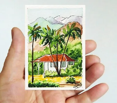 ACEO Original Art Hawaii Hand Painted Watercolor Art Card Mountain Palm Trees • $8