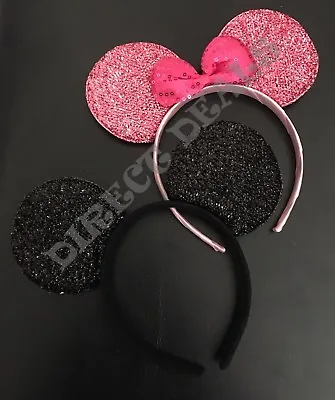 2 Mickey Minnie Mouse Headband Ears Shiny Black Pink Bow Birthday Party Favors • $6.99