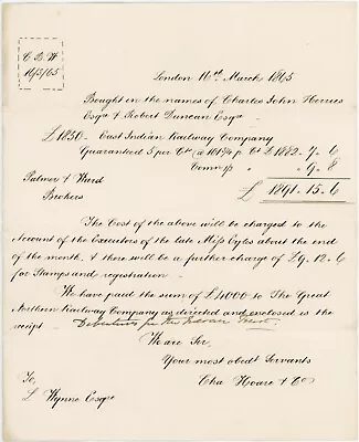£25 • Buy 1865 EAST INDIAN RAILWAY CO STOCK HAND WRITTEN CONTRACT NOTE CHAS.HOARE To WYNNE