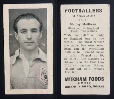 Mitcham Foods Footballers 1956 - Card No16 Stanley Matthews Blackpool England • $2.53
