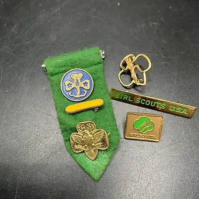 Vintage Girl Scouts Pins Membership World Blue Trefoil Gold Tone Brass • $15