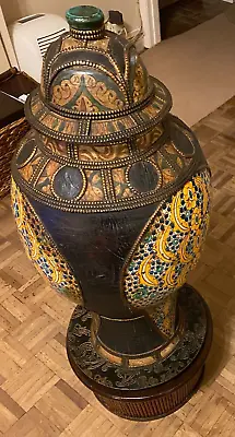 £1950 • Buy Moroccan Jar, Urn Brown Leather, Brass Inlaid Filigree, Multi Coloured Ceramic