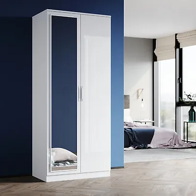 2 Doors High Gloss Wardrobe Bedroom Furniture Storage Hanging Rail With Mirror • £127.82