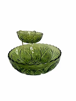 Vintage  MCM Anchor Hocking 3-Piece Chip & Dip Set Avocado Green Medallion • $24.99