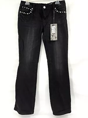 LA Idol Women's Black Washed Jeans Size 11 Embellished Flap Back Pockets Stretch • $38