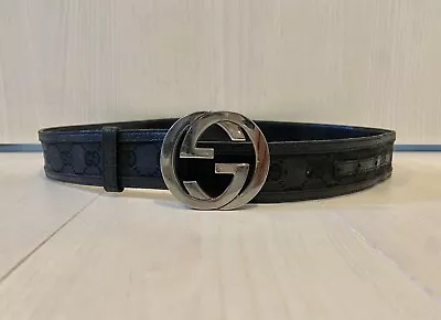 GUCCI Belt Black Canvas GG Pattern Leather Interlocking Silver Logo Authentic • £126.98