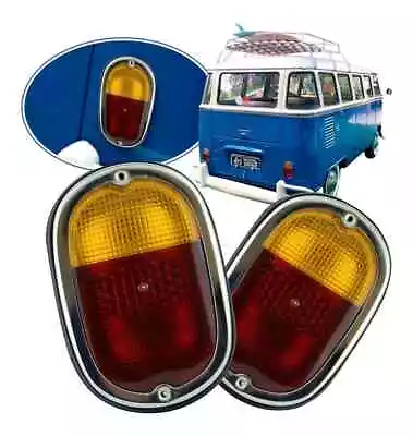 TAIL LIGHT ASSY PAIR LEFT & RIGHT RED AMBER W/ CHROME RINGS VW T2 BUS 1962-1971 • $109