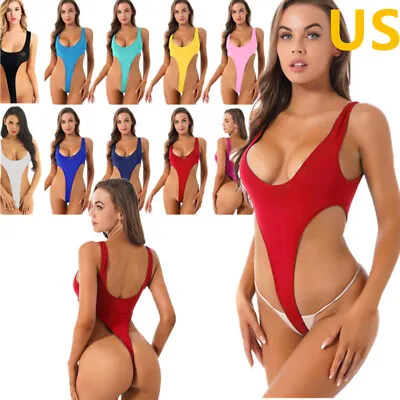 US Women's Bodysuit Teddy Sexy Monokini Swimwear High Cut Thong Leotard Swimsuit • $7.35