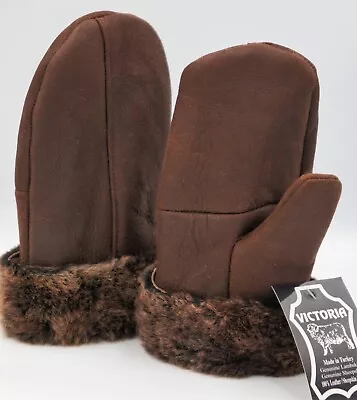 Real Genuine 100% Sheepskin Shearling Leather Mittens Unisex Whiskey Brown S-2xl • $23.89