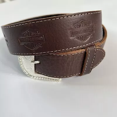 Harley-Davidson Embossed Mens Brown Leather Belt Silver Toned Buckle Size 32 • $26.99